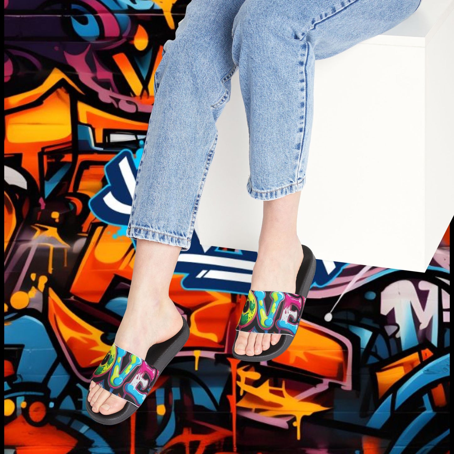 Sandals: Graffiti Love Slides for Females