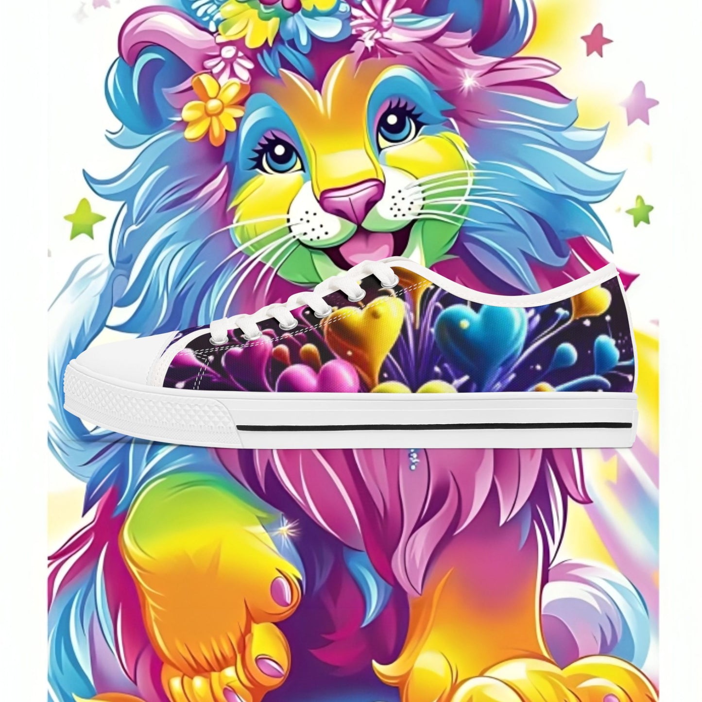 Colorful Lion Sneakers - Vibrant Low Top Shoes for Women, Casual Wear, Festival Footwear, Gift for Animal Lovers, Colorful Fashion Statement