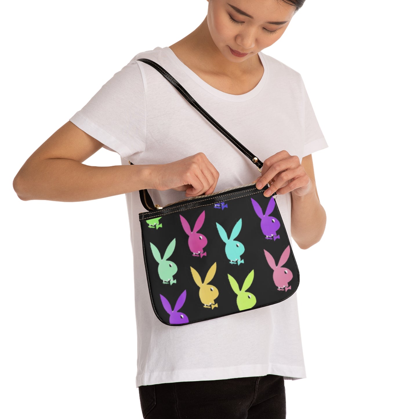 Colorful Bunny Print Small Shoulder Bag, Cute Crossbody Bag, Trendy Everyday Purse, Easter Gift, Spring Fashion Accessory