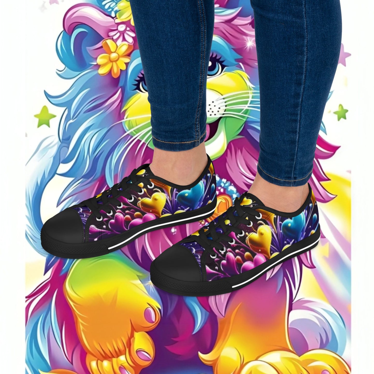 Colorful Lion Sneakers - Vibrant Low Top Shoes for Women, Casual Wear, Festival Footwear, Gift for Animal Lovers, Colorful Fashion Statement