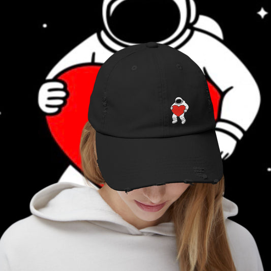 Astronaut Love Distressed Cap, Unisex Space Hat, Trendy Gift for Space Lovers, Casual Fashion Accessory, Perfect for Holidays