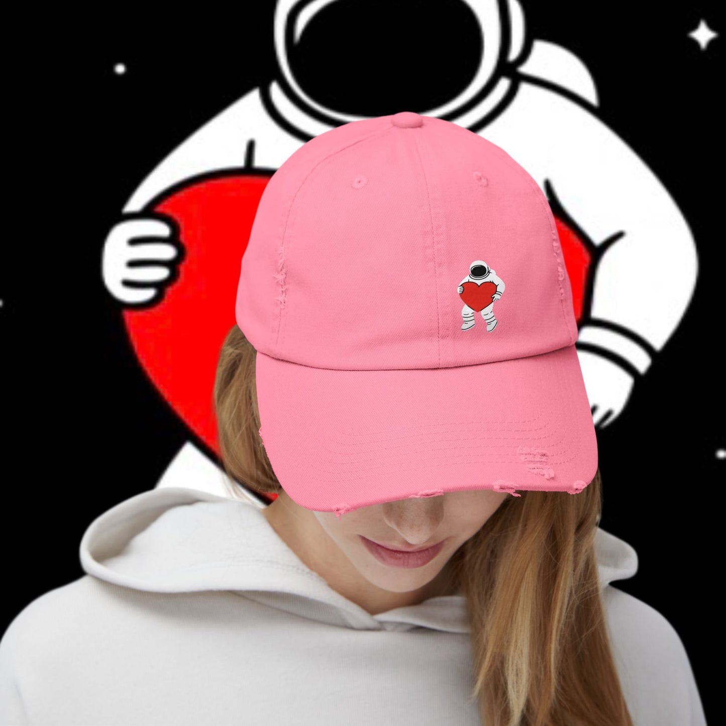 Astronaut Love Distressed Cap, Unisex Space Hat, Trendy Gift for Space Lovers, Casual Fashion Accessory, Perfect for Holidays