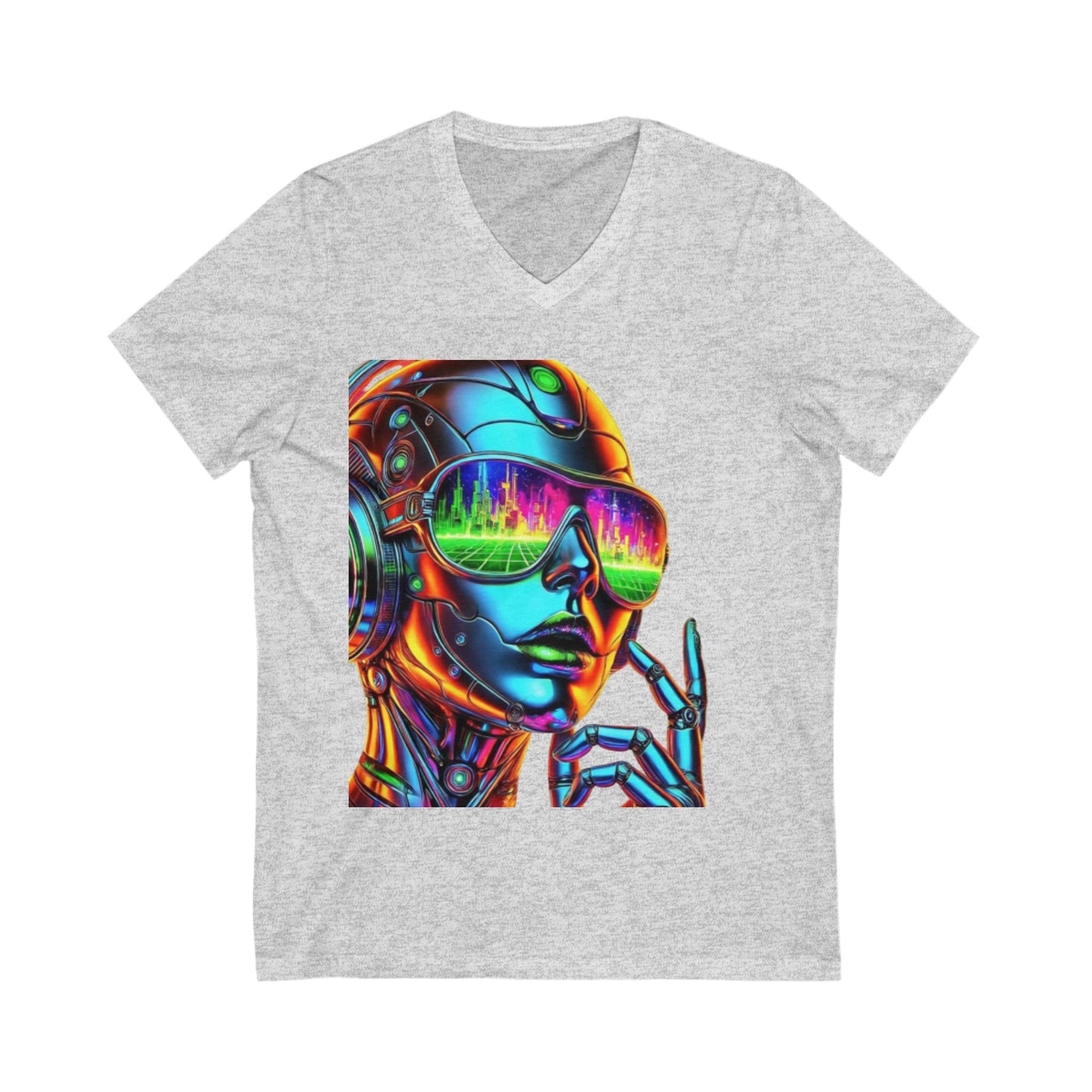 Futuristic V-Neck Tee, Retro Robot Shirt, Unisex Graphic Tee, Cool T-Shirt for Tech Lovers, Gift for Sci-Fi Fans, Colorful Art Apparel