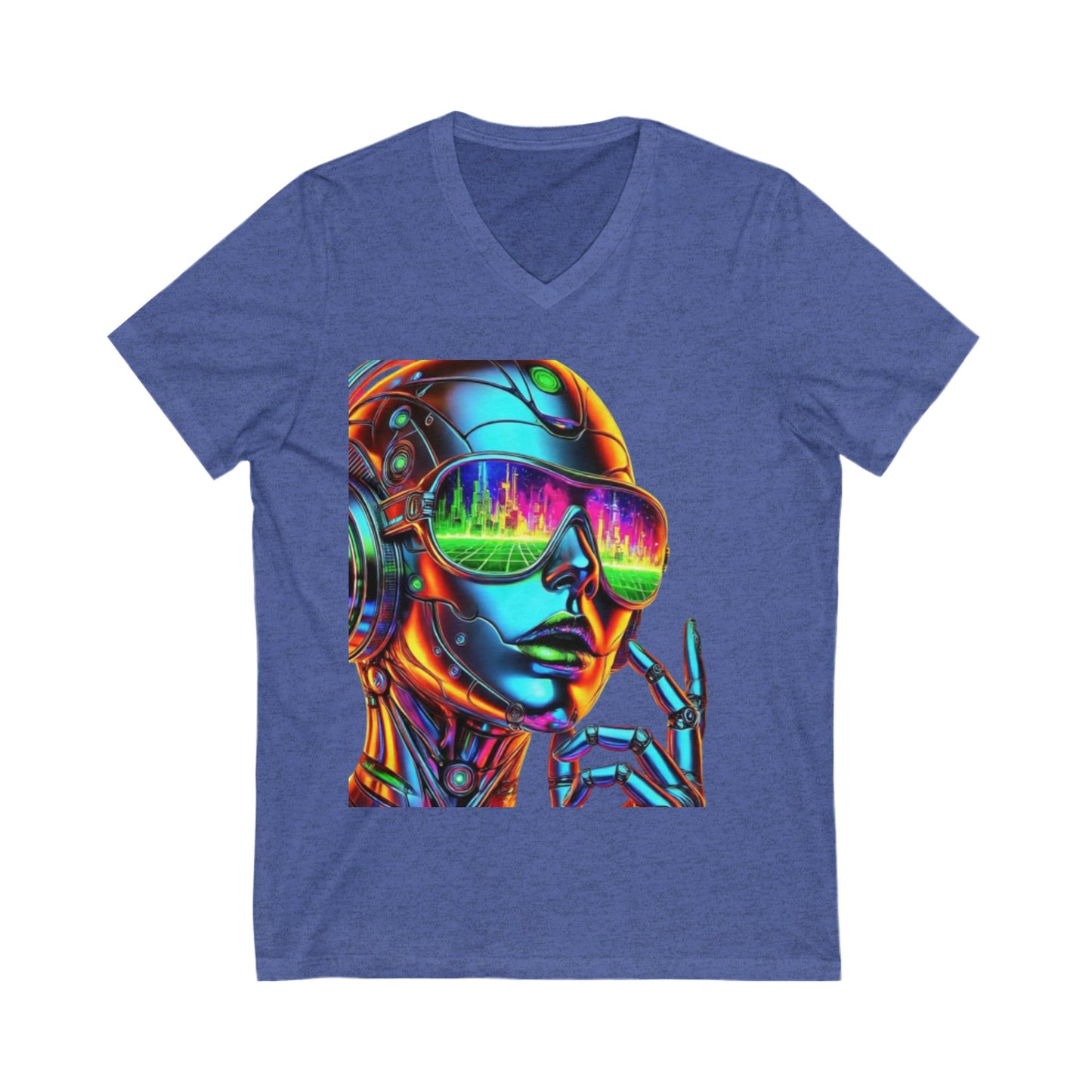 Futuristic V-Neck Tee, Retro Robot Shirt, Unisex Graphic Tee, Cool T-Shirt for Tech Lovers, Gift for Sci-Fi Fans, Colorful Art Apparel