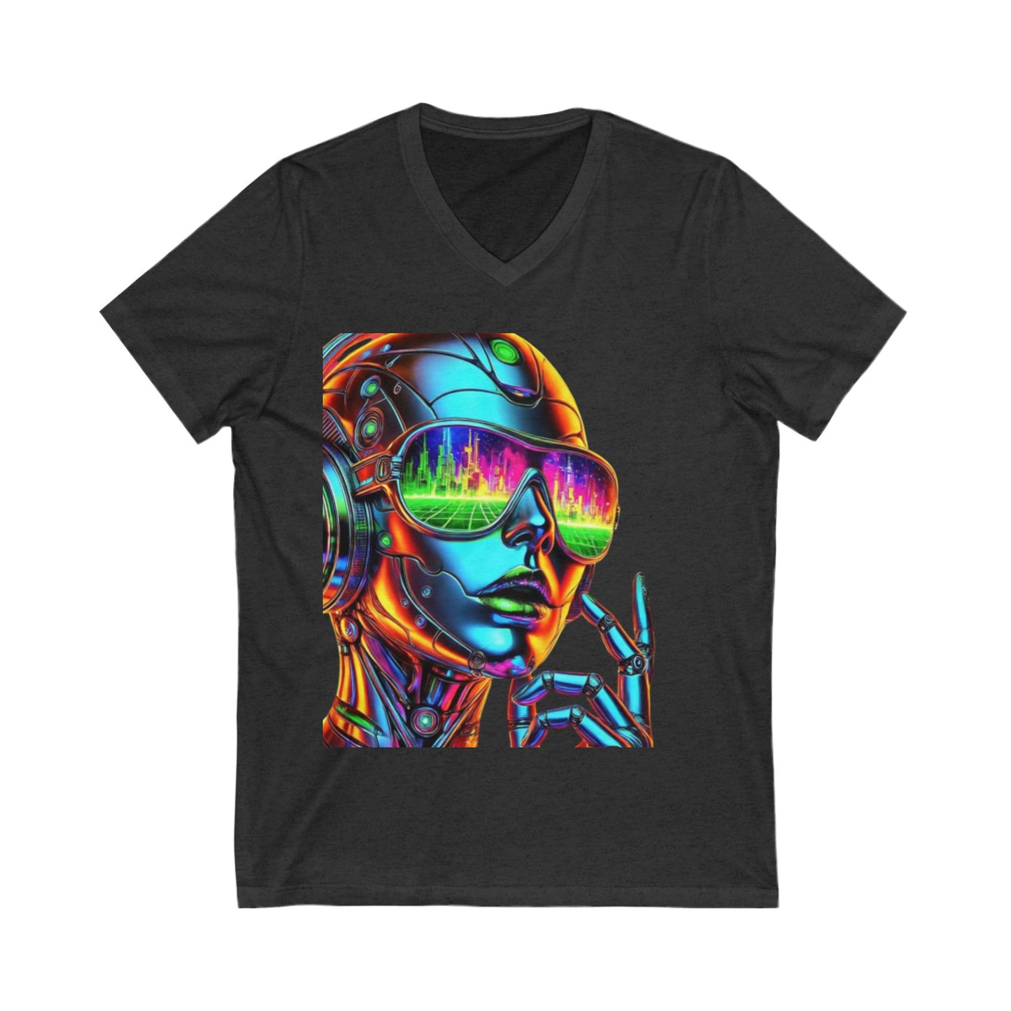Futuristic V-Neck Tee, Retro Robot Shirt, Unisex Graphic Tee, Cool T-Shirt for Tech Lovers, Gift for Sci-Fi Fans, Colorful Art Apparel