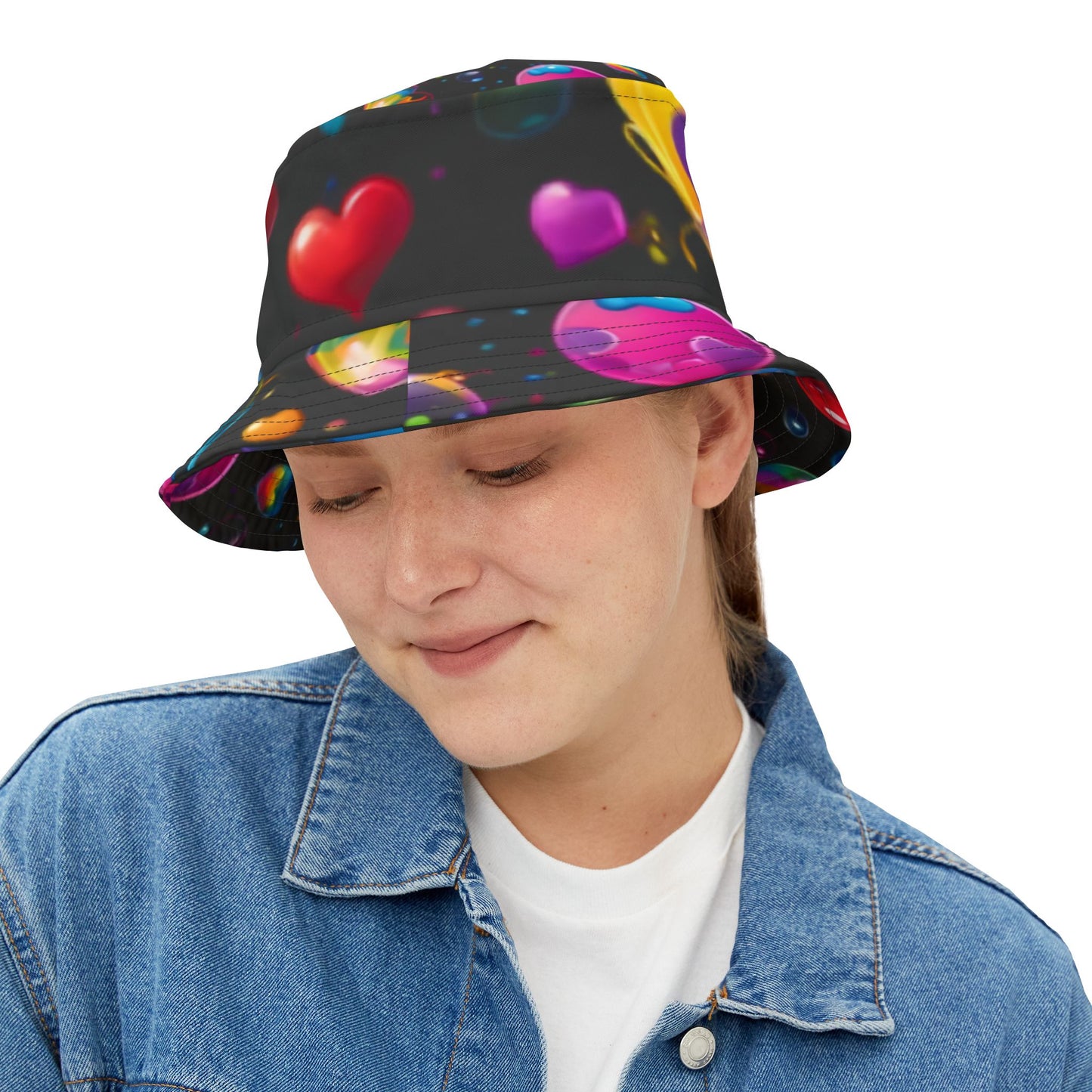 Vibrant Heart Pattern Bucket Hat, Loving Summer Accessory, Festival Gear, Beach Hat, Fun Gift for Friends