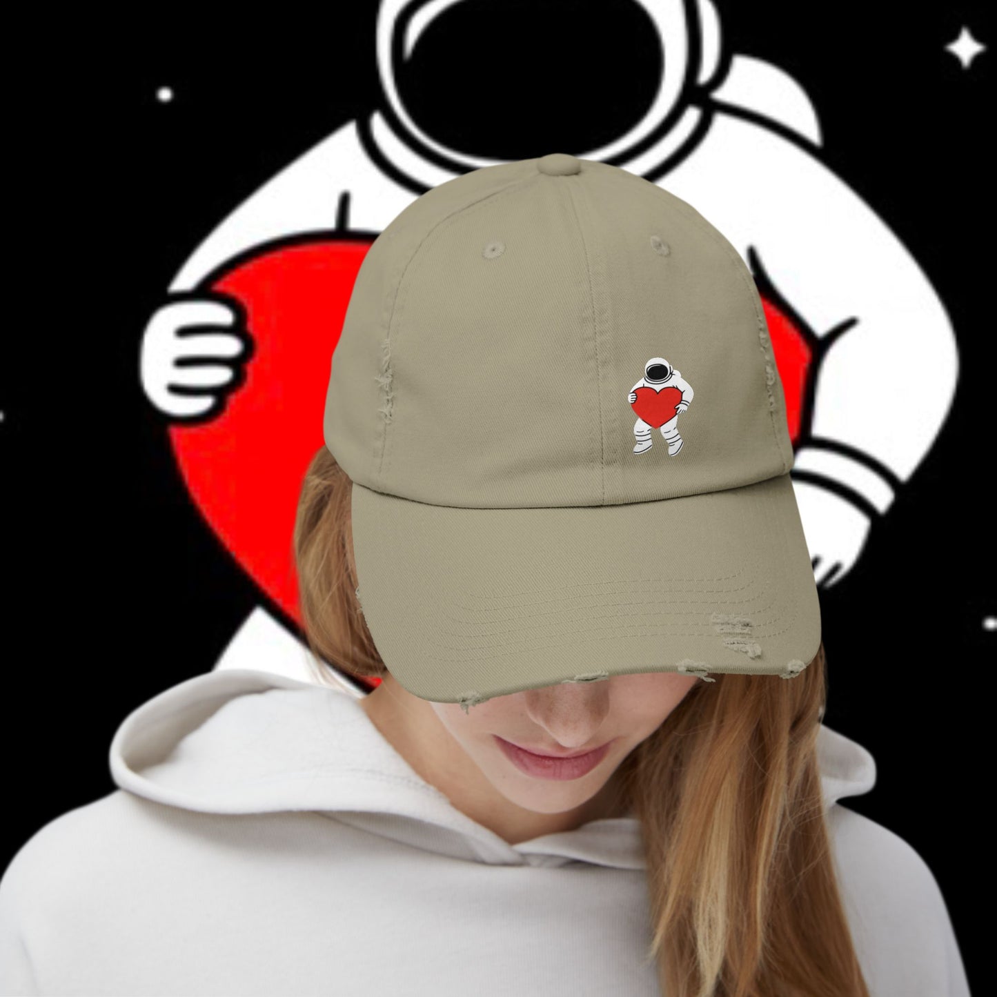 Astronaut Love Distressed Cap, Unisex Space Hat, Trendy Gift for Space Lovers, Casual Fashion Accessory, Perfect for Holidays