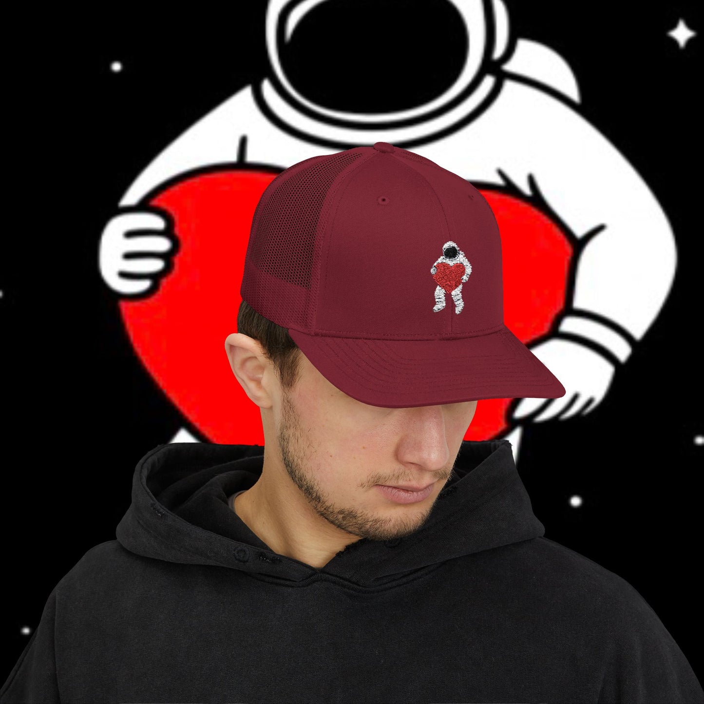 Astronaut Heart Snapback Cap, Cool Trucker Hat for Space Lovers, Unique Gift for Birthdays, Holidays, Adventure, Outdoor Wear