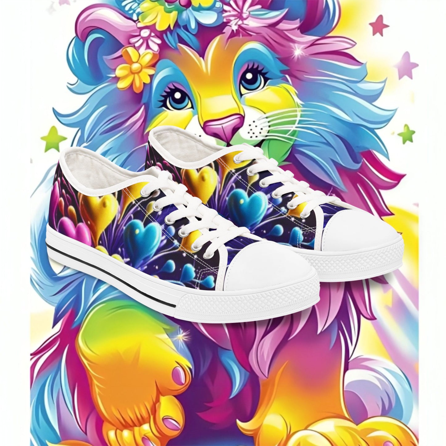 Colorful Lion Sneakers - Vibrant Low Top Shoes for Women, Casual Wear, Festival Footwear, Gift for Animal Lovers, Colorful Fashion Statement