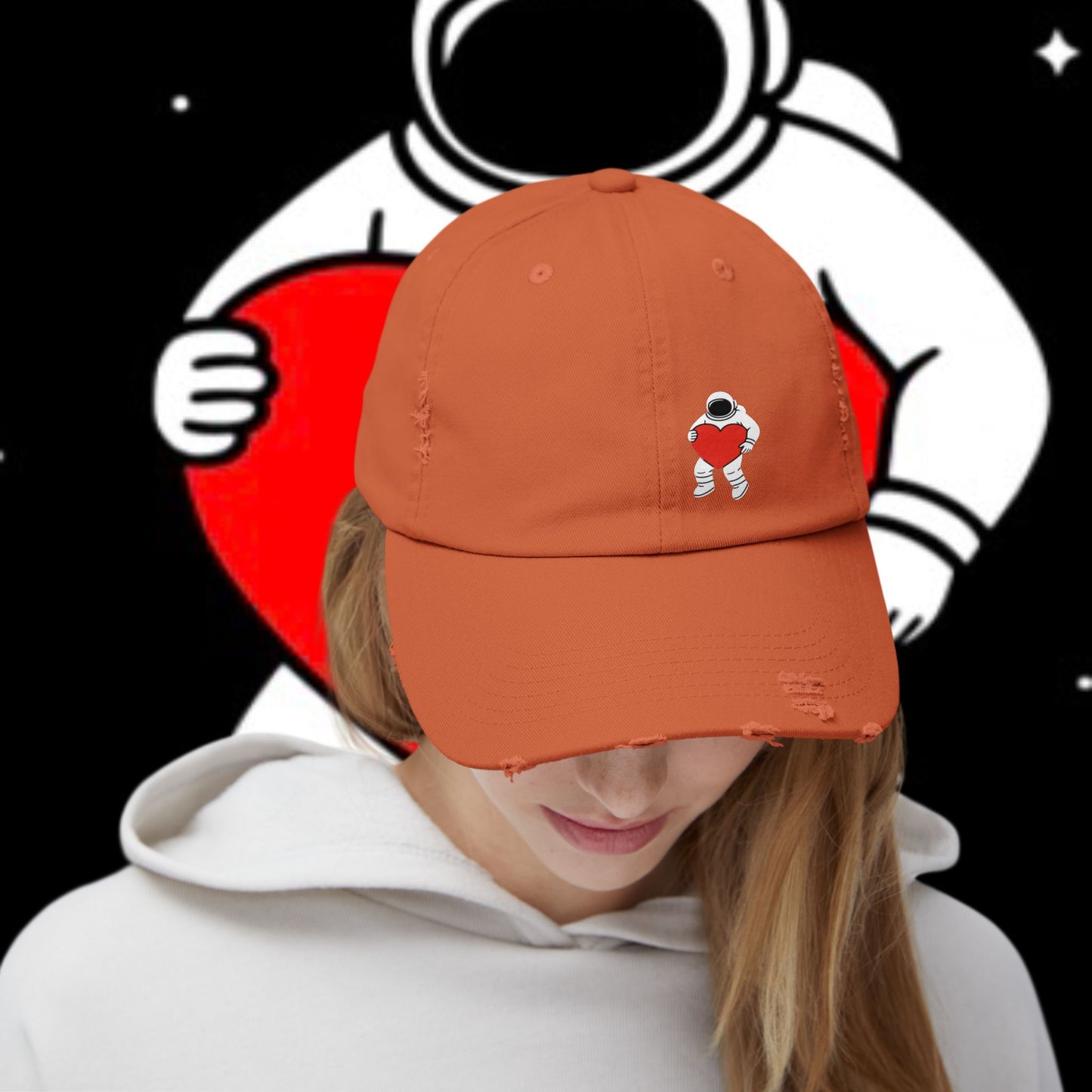 Astronaut Love Distressed Cap, Unisex Space Hat, Trendy Gift for Space Lovers, Casual Fashion Accessory, Perfect for Holidays