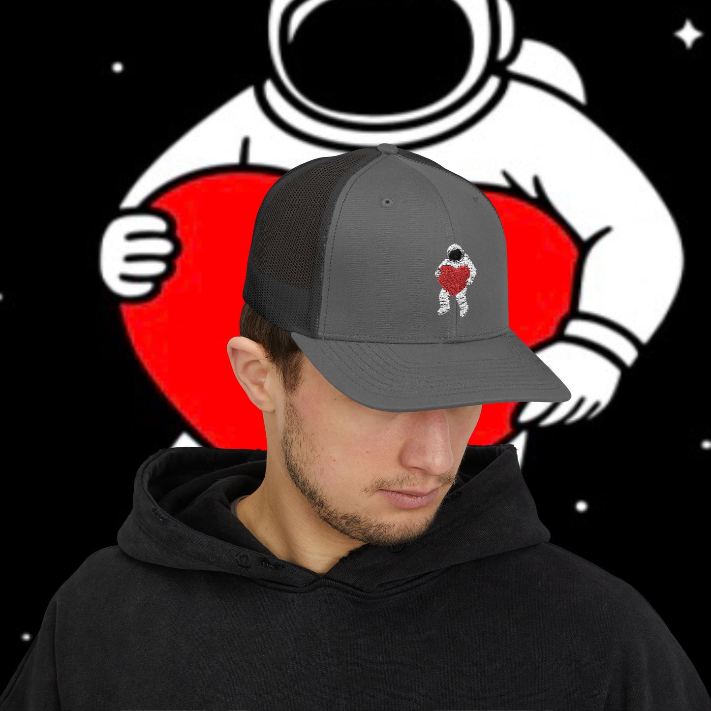Astronaut Heart Snapback Cap, Cool Trucker Hat for Space Lovers, Unique Gift for Birthdays, Holidays, Adventure, Outdoor Wear