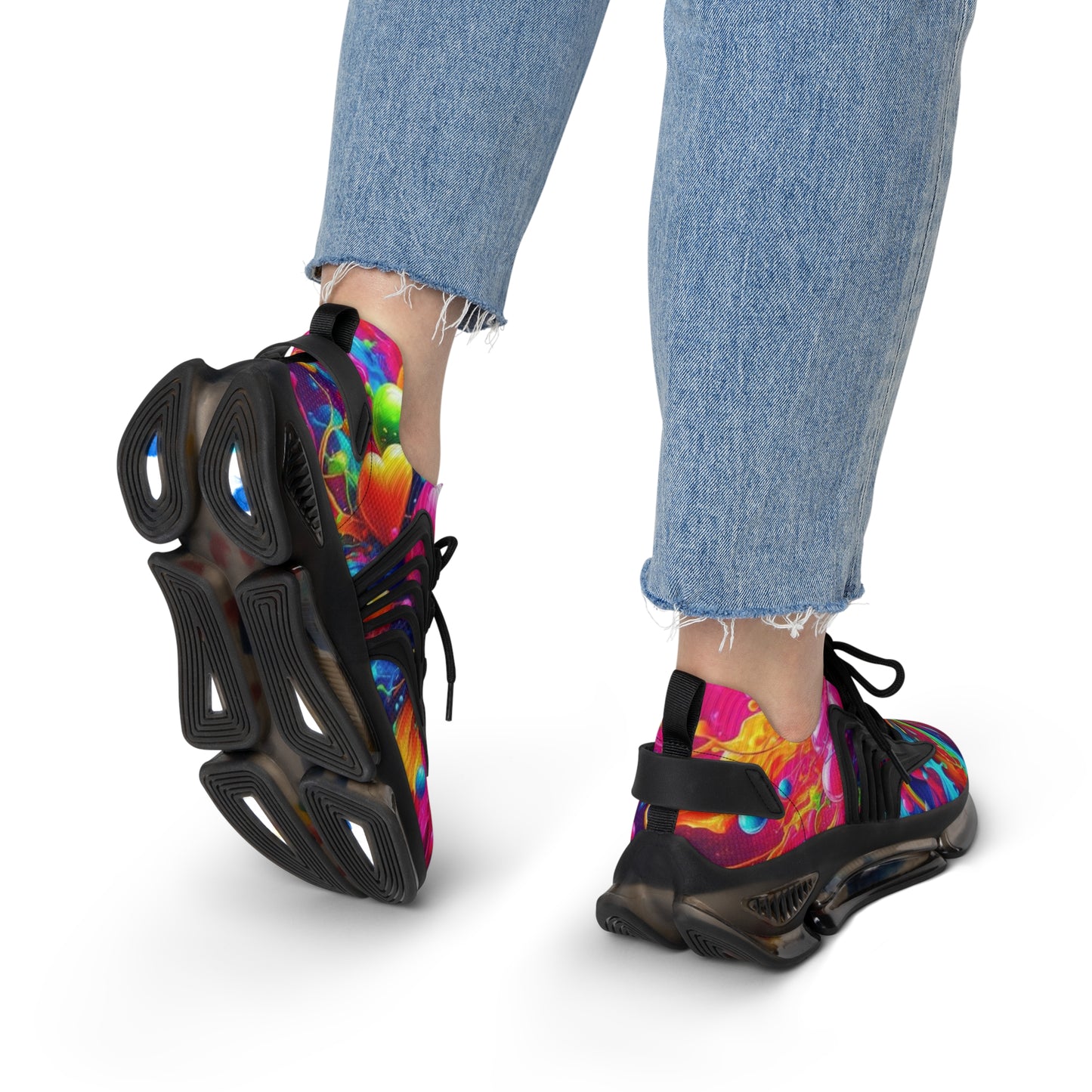 Mesh Sneakers, Watercolor Heart Design Tennis Shoes for Women
