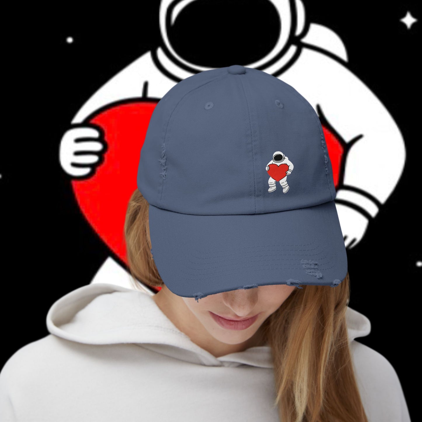 Astronaut Love Distressed Cap, Unisex Space Hat, Trendy Gift for Space Lovers, Casual Fashion Accessory, Perfect for Holidays