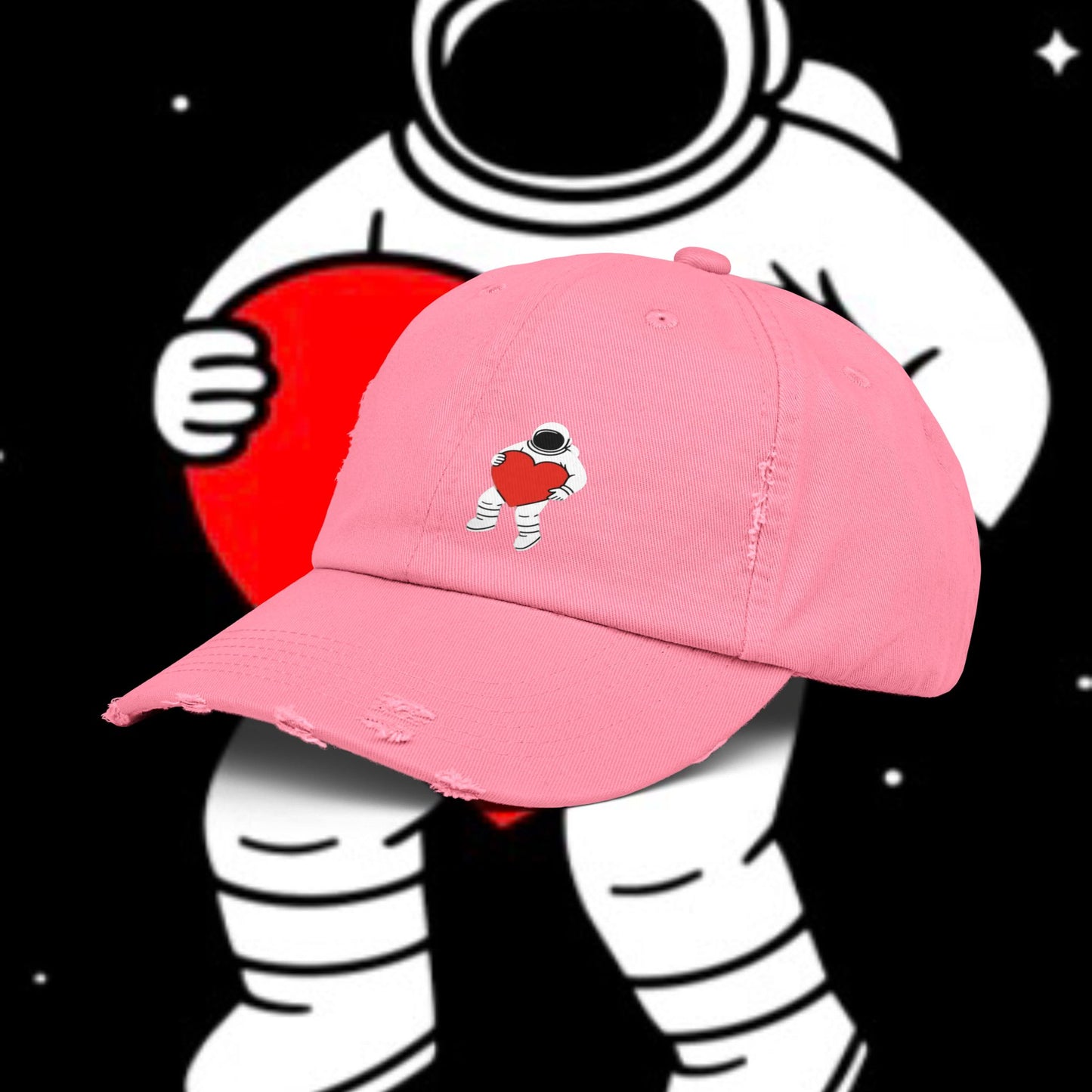 Astronaut Love Distressed Cap, Unisex Space Hat, Trendy Gift for Space Lovers, Casual Fashion Accessory, Perfect for Holidays