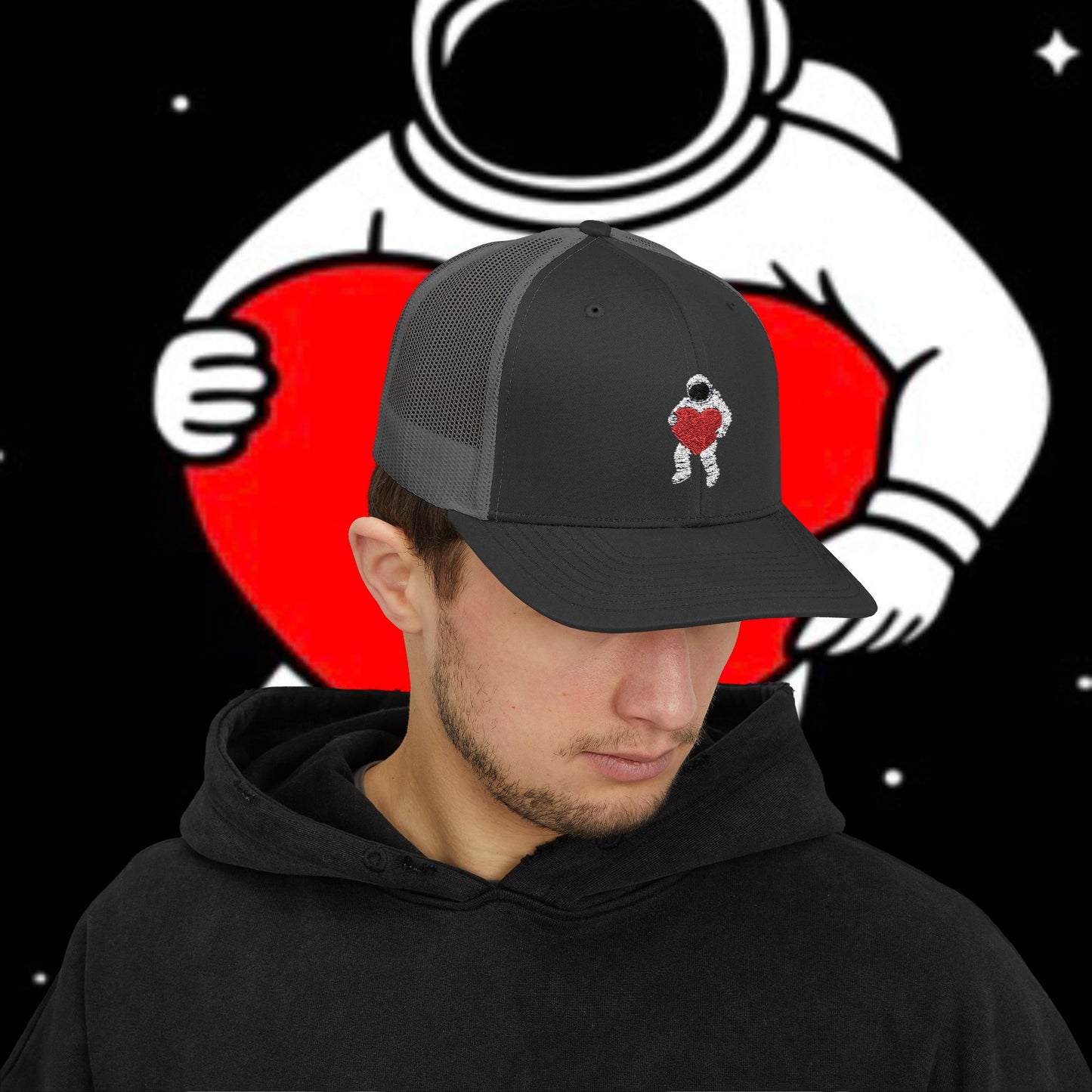 Astronaut Heart Snapback Cap, Cool Trucker Hat for Space Lovers, Unique Gift for Birthdays, Holidays, Adventure, Outdoor Wear