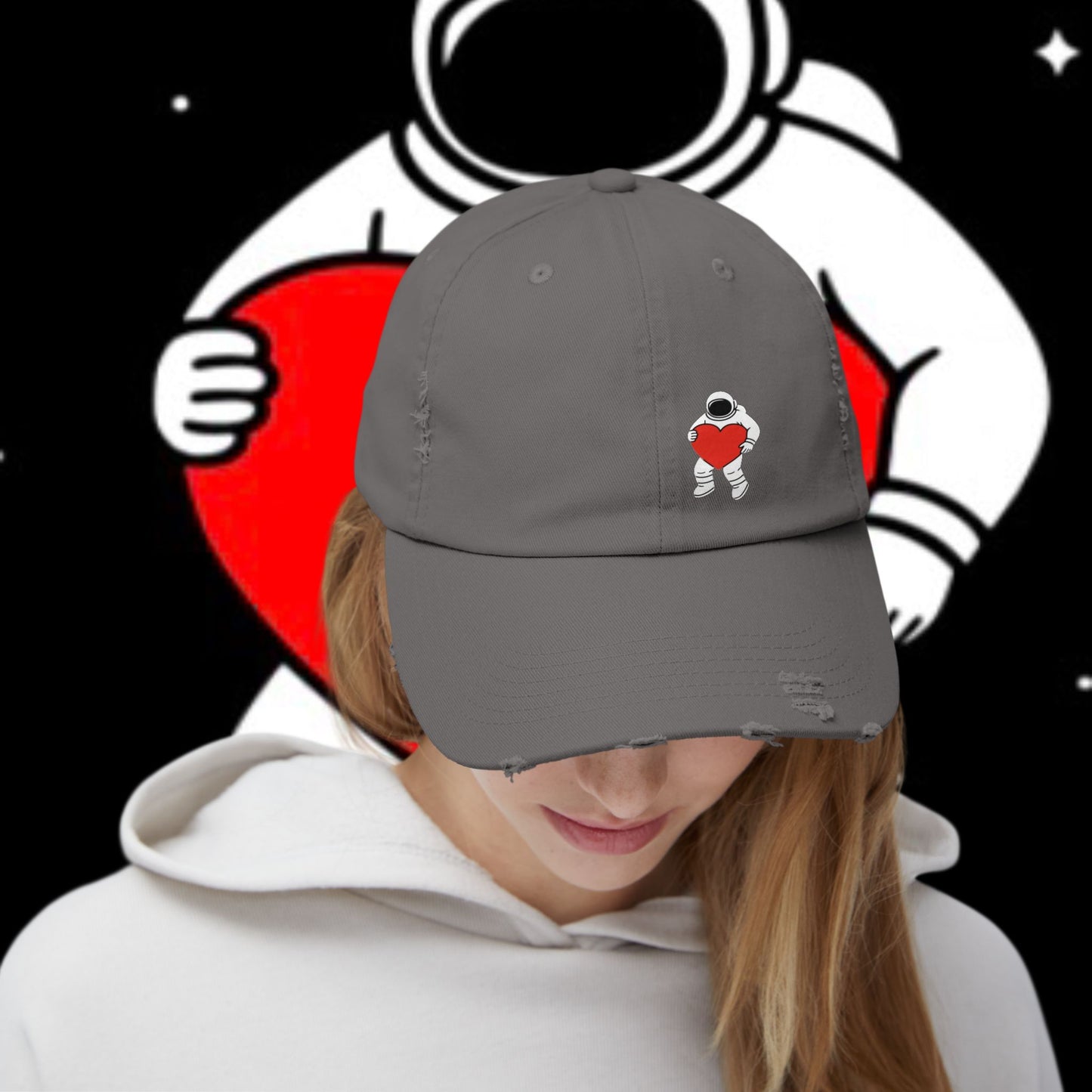 Astronaut Love Distressed Cap, Unisex Space Hat, Trendy Gift for Space Lovers, Casual Fashion Accessory, Perfect for Holidays