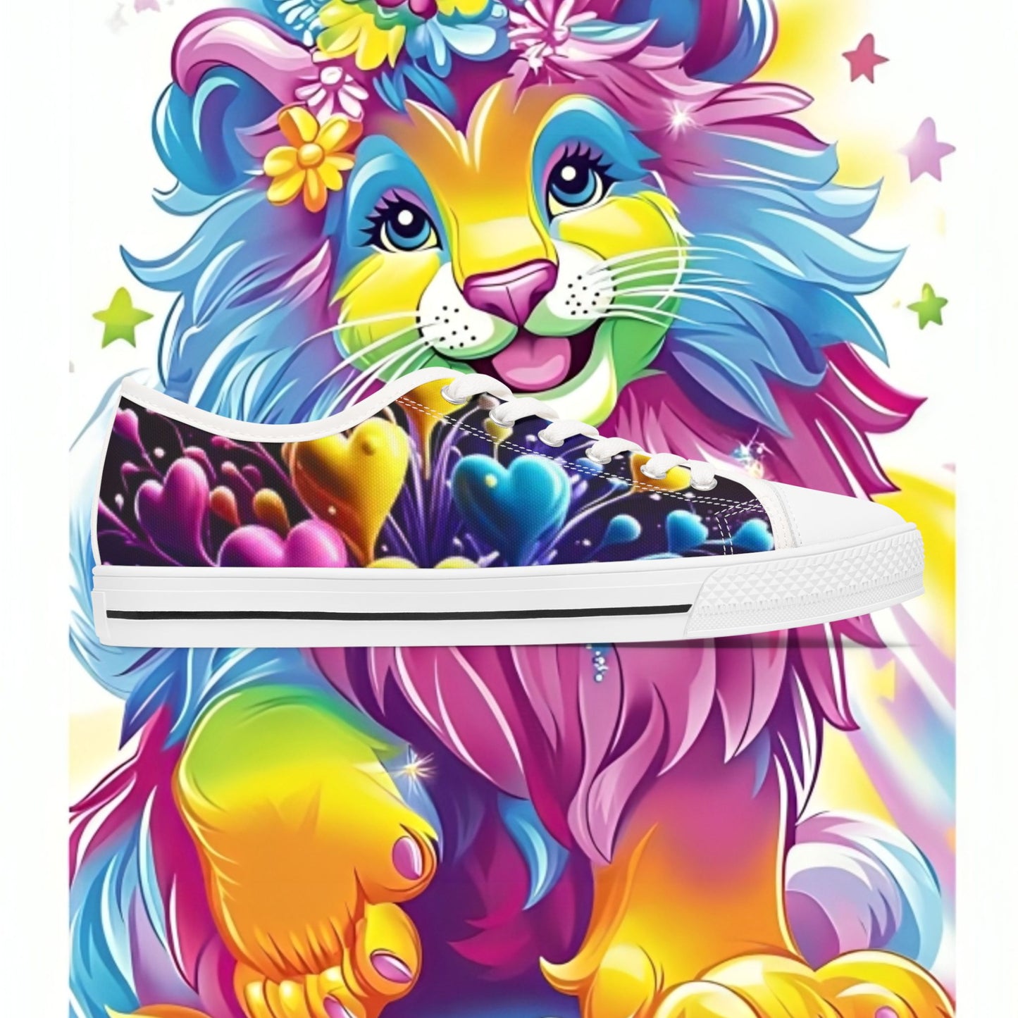 Colorful Lion Sneakers - Vibrant Low Top Shoes for Women, Casual Wear, Festival Footwear, Gift for Animal Lovers, Colorful Fashion Statement