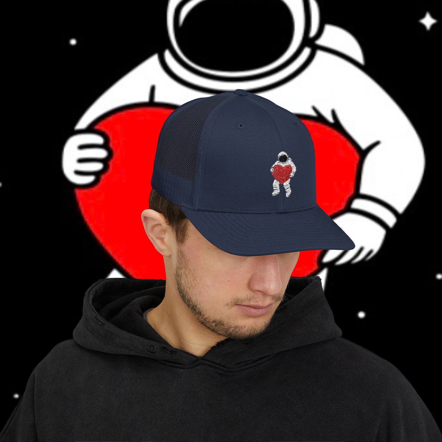 Astronaut Heart Snapback Cap, Cool Trucker Hat for Space Lovers, Unique Gift for Birthdays, Holidays, Adventure, Outdoor Wear