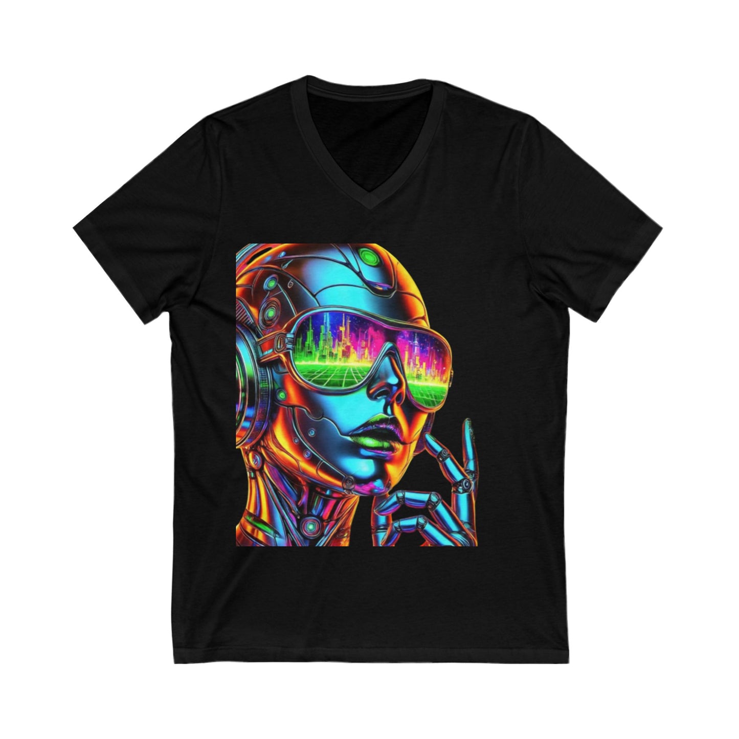 Futuristic V-Neck Tee, Retro Robot Shirt, Unisex Graphic Tee, Cool T-Shirt for Tech Lovers, Gift for Sci-Fi Fans, Colorful Art Apparel
