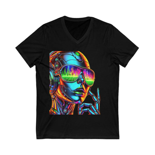 Futuristic V-Neck Tee, Retro Robot Shirt, Unisex Graphic Tee, Cool T-Shirt for Tech Lovers, Gift for Sci-Fi Fans, Colorful Art Apparel