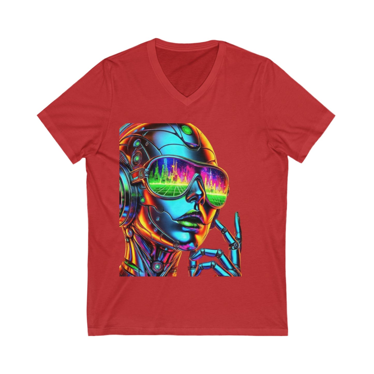 Futuristic V-Neck Tee, Retro Robot Shirt, Unisex Graphic Tee, Cool T-Shirt for Tech Lovers, Gift for Sci-Fi Fans, Colorful Art Apparel