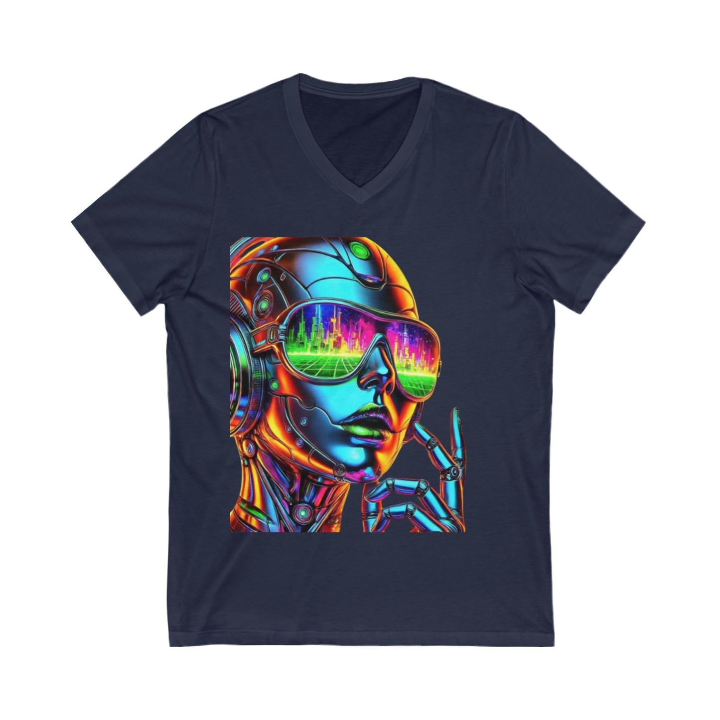 Futuristic V-Neck Tee, Retro Robot Shirt, Unisex Graphic Tee, Cool T-Shirt for Tech Lovers, Gift for Sci-Fi Fans, Colorful Art Apparel