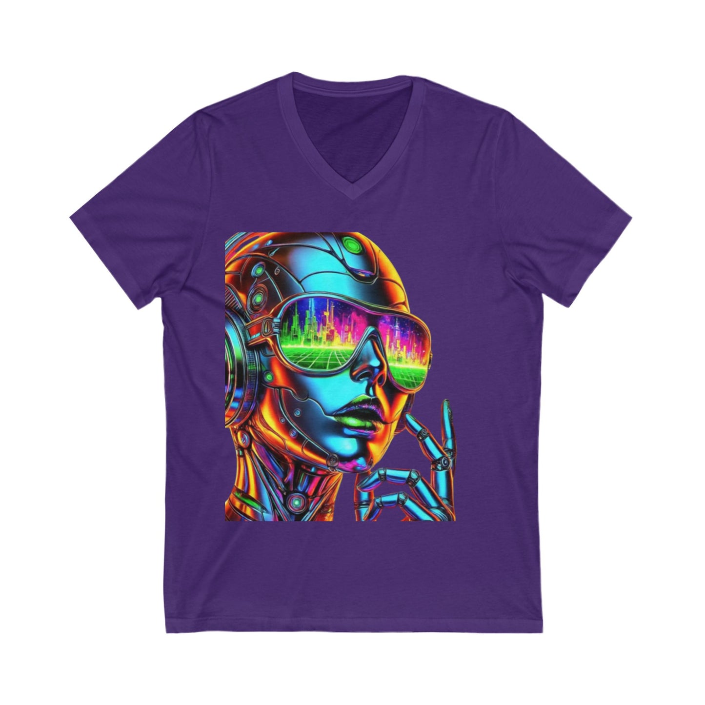 Futuristic V-Neck Tee, Retro Robot Shirt, Unisex Graphic Tee, Cool T-Shirt for Tech Lovers, Gift for Sci-Fi Fans, Colorful Art Apparel