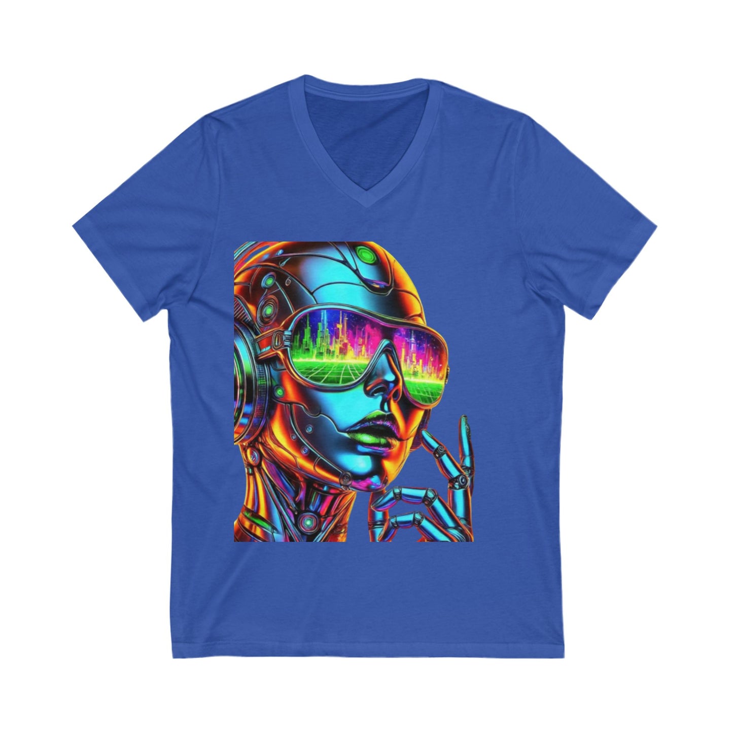 Futuristic V-Neck Tee, Retro Robot Shirt, Unisex Graphic Tee, Cool T-Shirt for Tech Lovers, Gift for Sci-Fi Fans, Colorful Art Apparel
