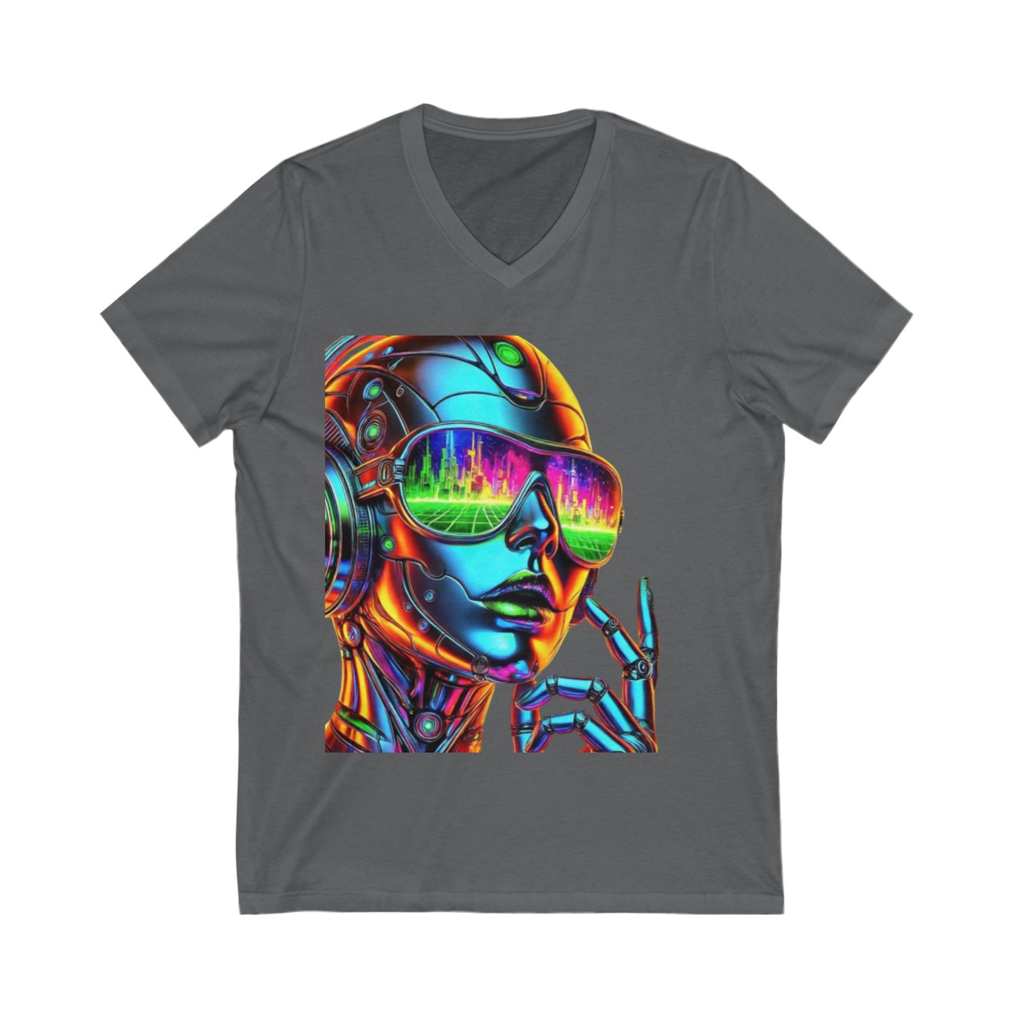 Futuristic V-Neck Tee, Retro Robot Shirt, Unisex Graphic Tee, Cool T-Shirt for Tech Lovers, Gift for Sci-Fi Fans, Colorful Art Apparel