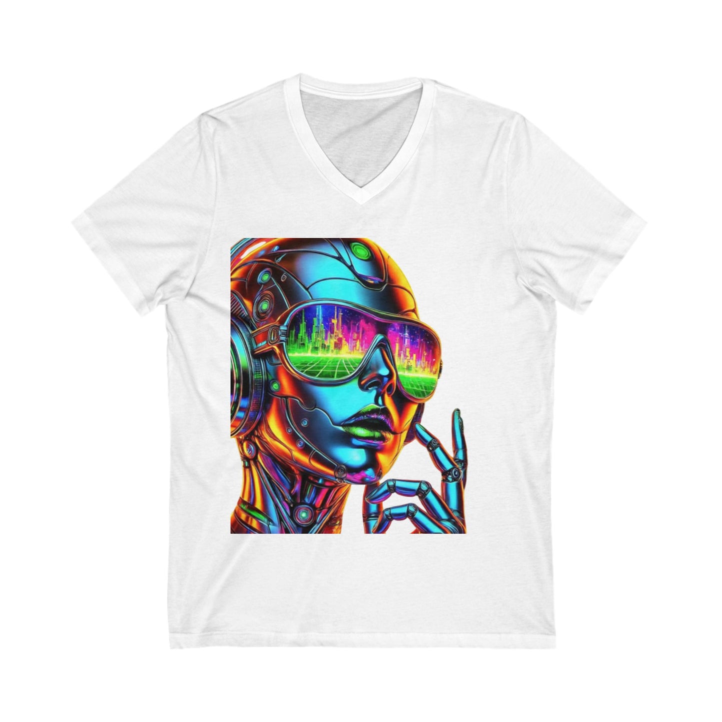 Futuristic V-Neck Tee, Retro Robot Shirt, Unisex Graphic Tee, Cool T-Shirt for Tech Lovers, Gift for Sci-Fi Fans, Colorful Art Apparel