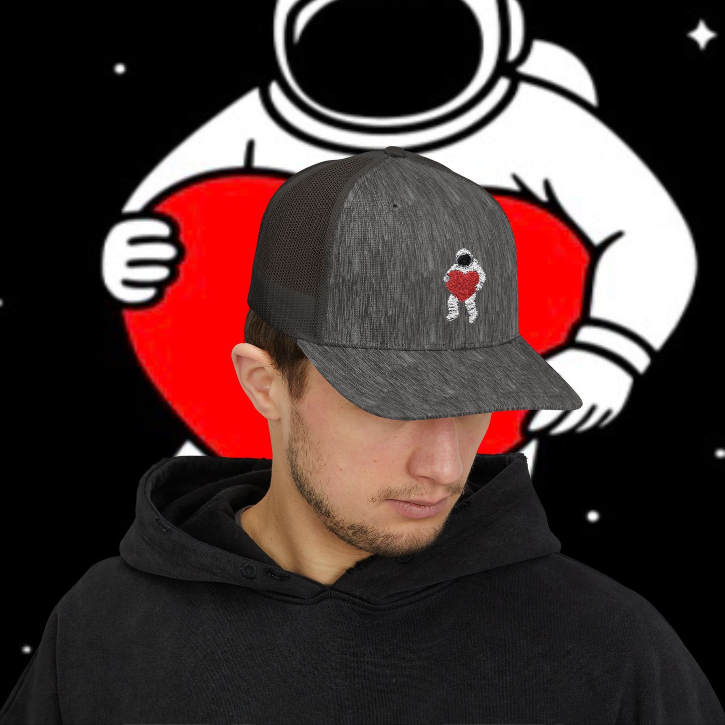 Astronaut Heart Snapback Cap, Cool Trucker Hat for Space Lovers, Unique Gift for Birthdays, Holidays, Adventure, Outdoor Wear