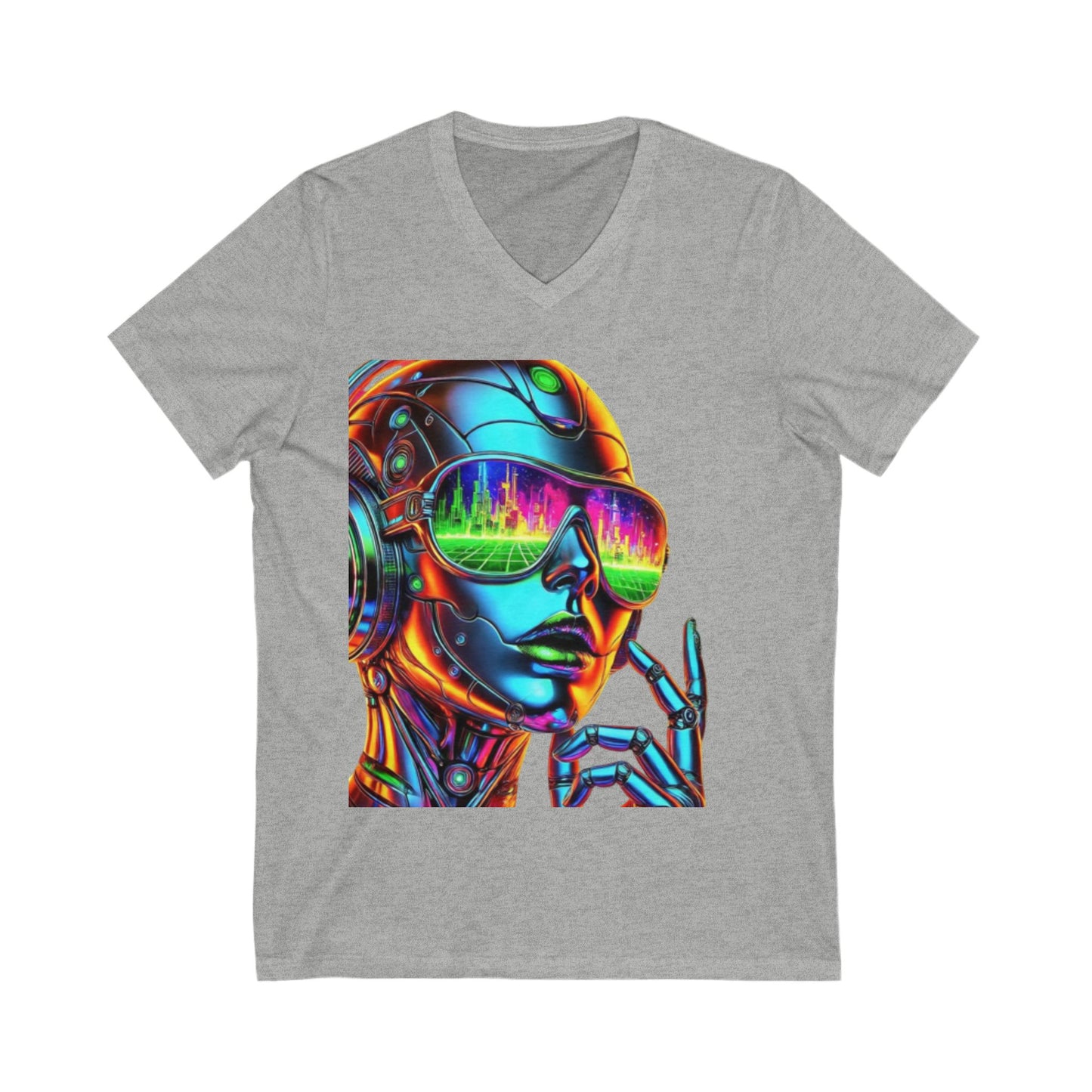 Futuristic V-Neck Tee, Retro Robot Shirt, Unisex Graphic Tee, Cool T-Shirt for Tech Lovers, Gift for Sci-Fi Fans, Colorful Art Apparel