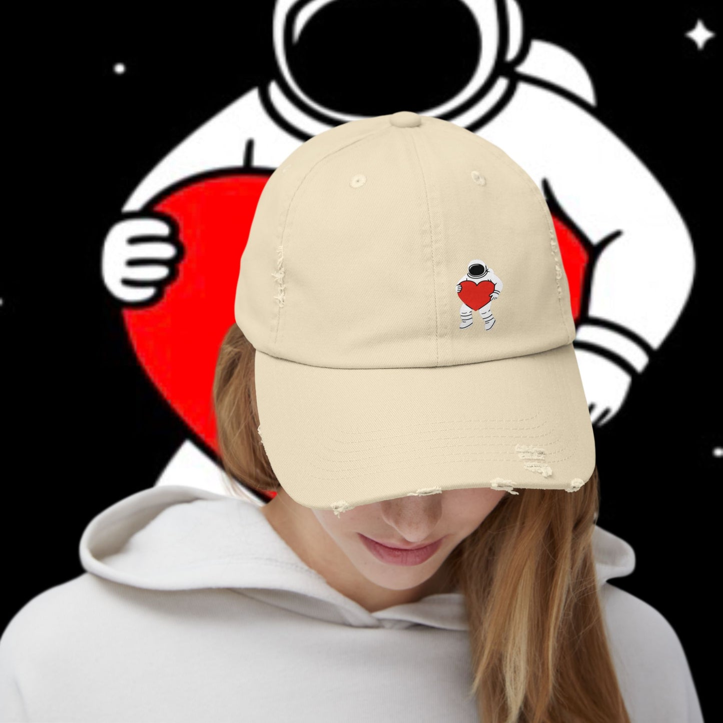 Astronaut Love Distressed Cap, Unisex Space Hat, Trendy Gift for Space Lovers, Casual Fashion Accessory, Perfect for Holidays
