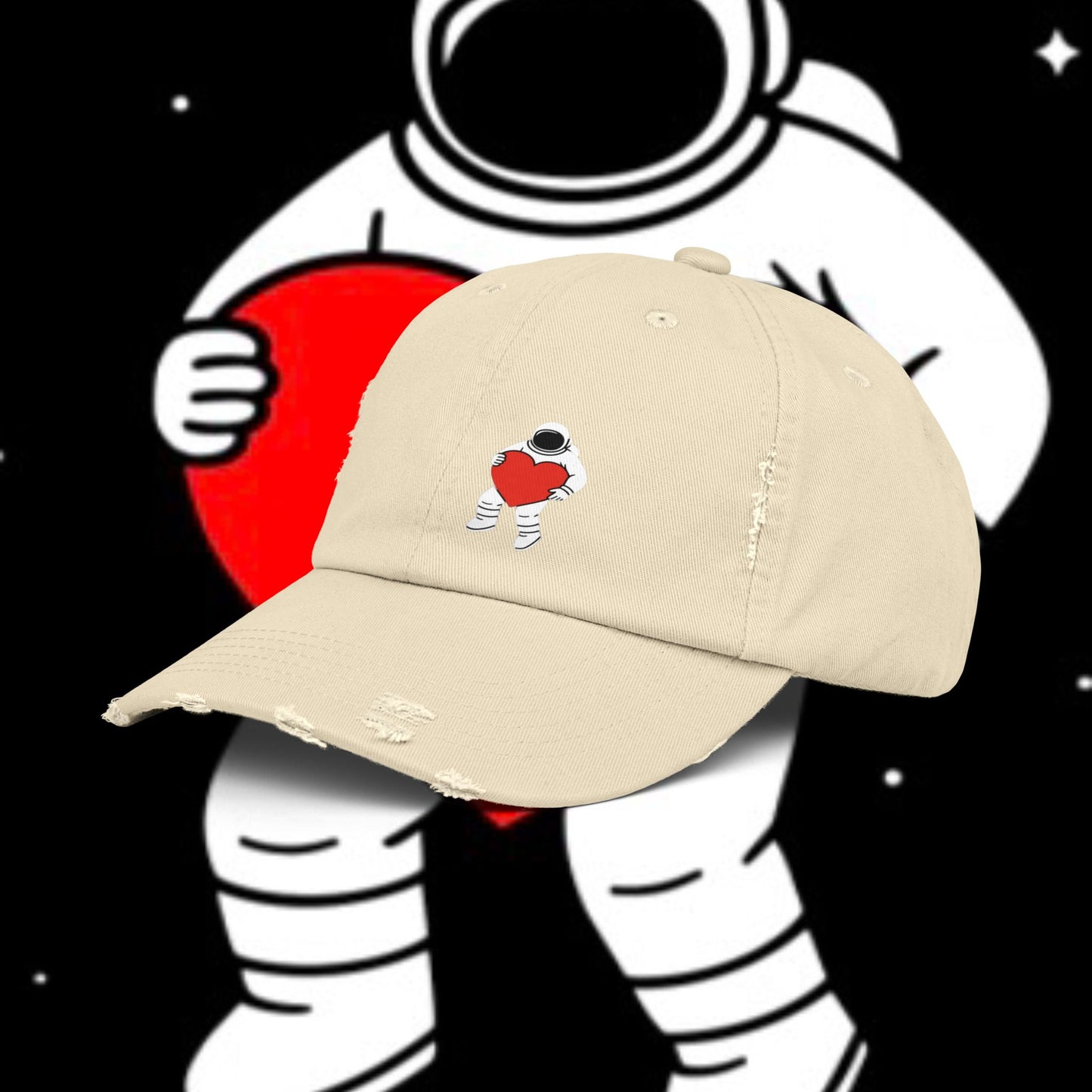 Astronaut Love Distressed Cap, Unisex Space Hat, Trendy Gift for Space Lovers, Casual Fashion Accessory, Perfect for Holidays