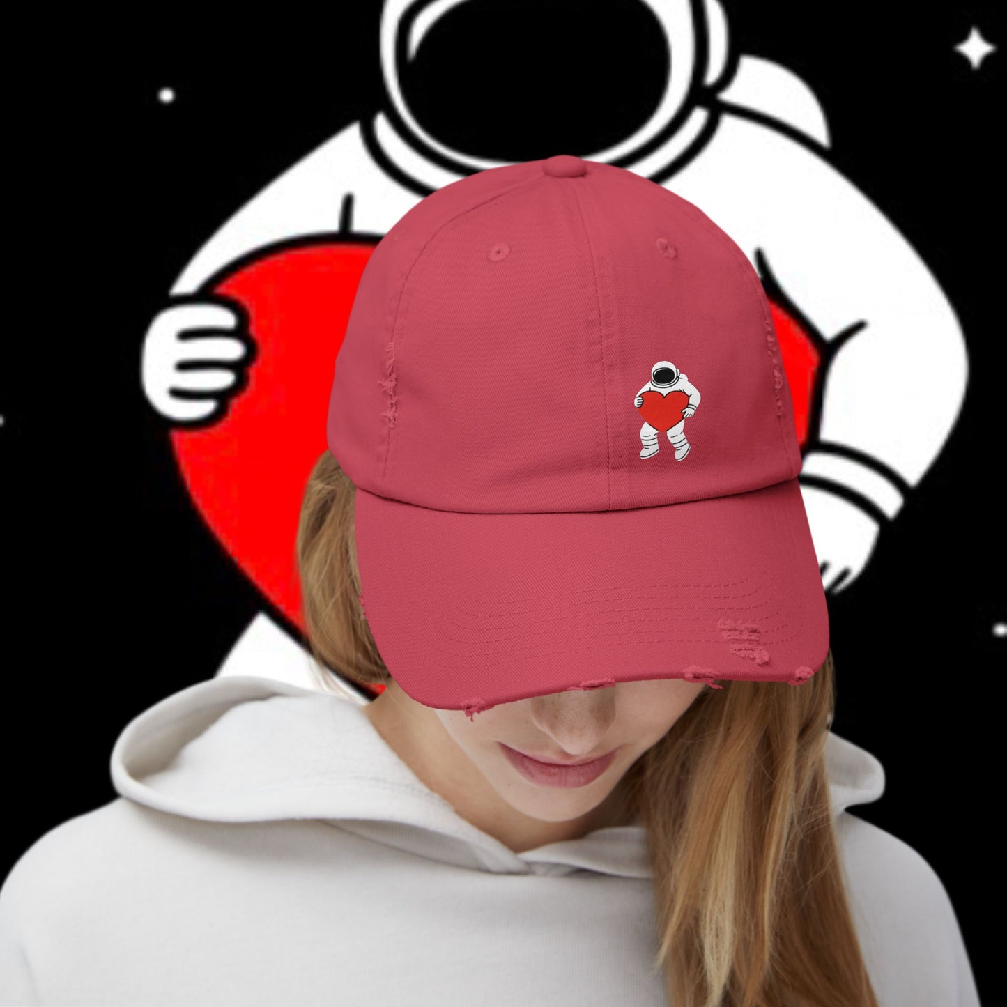 Astronaut Love Distressed Cap, Unisex Space Hat, Trendy Gift for Space Lovers, Casual Fashion Accessory, Perfect for Holidays