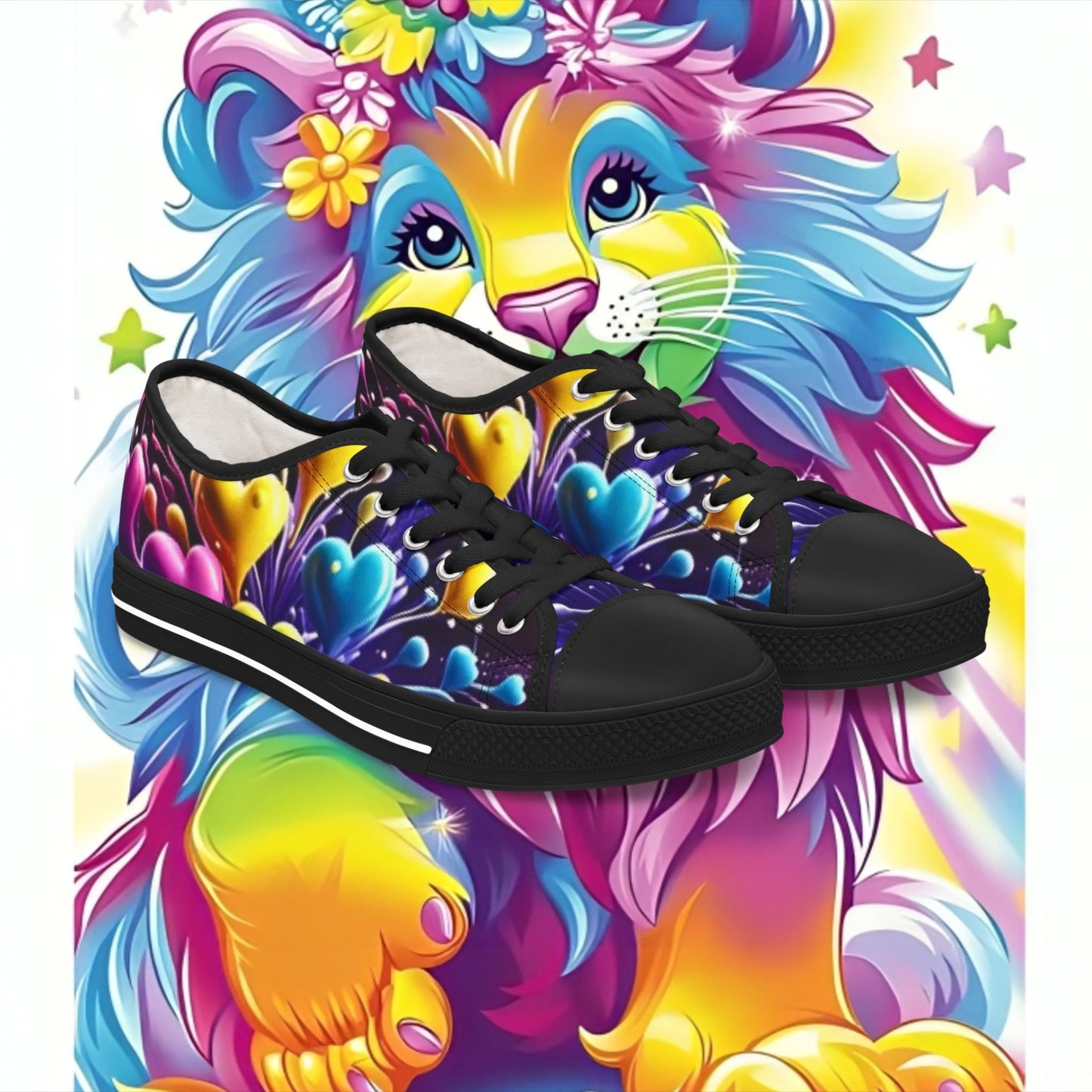 Colorful Lion Sneakers - Vibrant Low Top Shoes for Women, Casual Wear, Festival Footwear, Gift for Animal Lovers, Colorful Fashion Statement